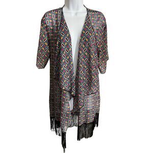 LuLaRoe colorful geometric fringe hem open front drape shawl short sleeve small